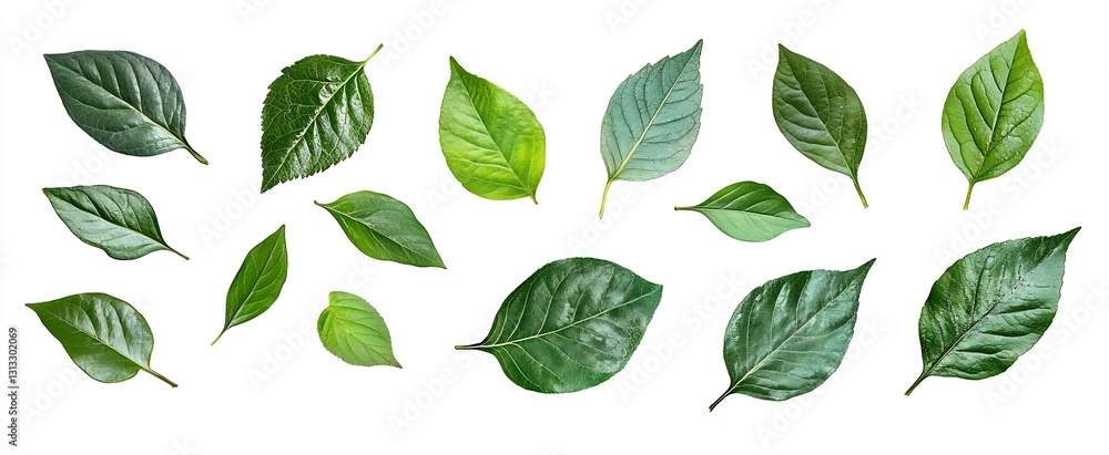 Poster variety of green leaves showcasing different shapes and textures on a white background : generative 