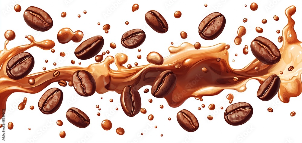 Poster Exciting and lively cascade of coffee drops and beans creating an artistic and enticing visual experience : Generative AI
