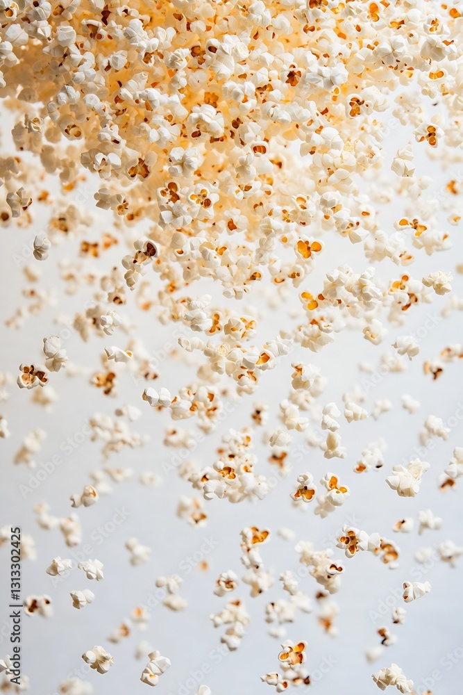 Poster Airy display of popcorn kernels falling against a simple backdrop : Generative AI