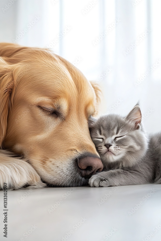Poster sweet golden retriever napping with a soft gray kitten on a bright day at home : generative ai