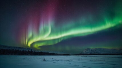Naklejka premium A captivating view of the northern lights glowing over a snowy mountain landscape, generate AI