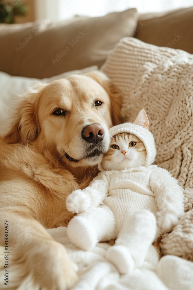 Poster Golden retriever cuddling with a cat doll adorned in winter attire on a soft couch : Generative AI