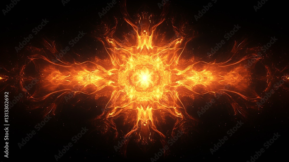 Poster brilliant and fiery abstract design depicting an explosion of light and energy in a dramatic cosmic 