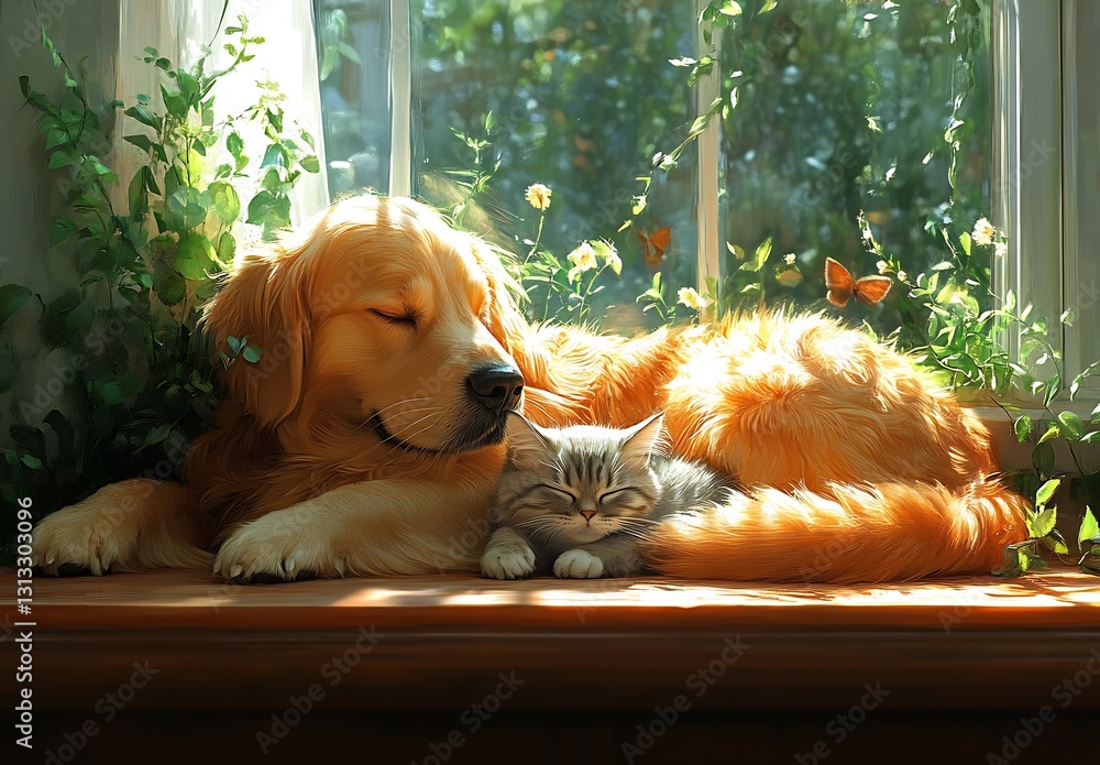 Aufkleber Golden retriever and tabby kitten basking in sunlight by the window creating a serene atmosphere : Generative AI