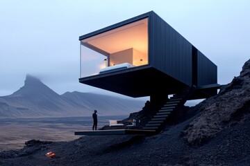 Modern architectural design of a floating house in a dramatic landscape