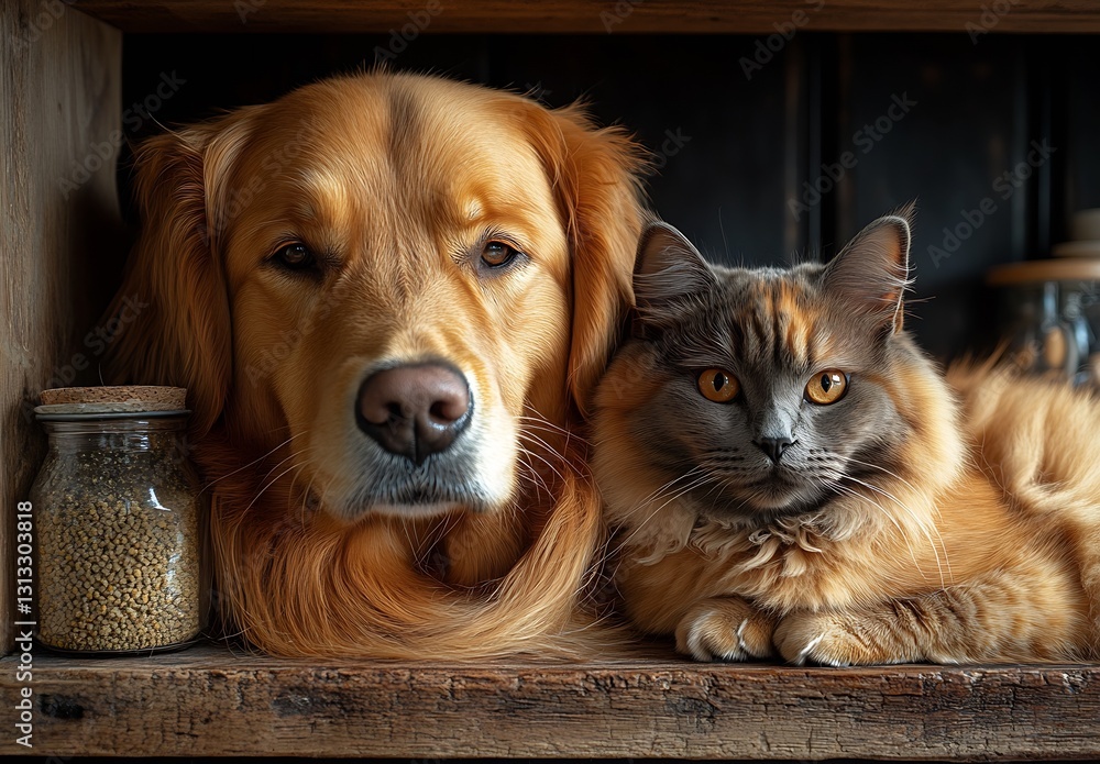 Poster Adorable Golden Retriever and Gray Cat Relaxing Close Together in a Rustic Home Environment : Generative AI