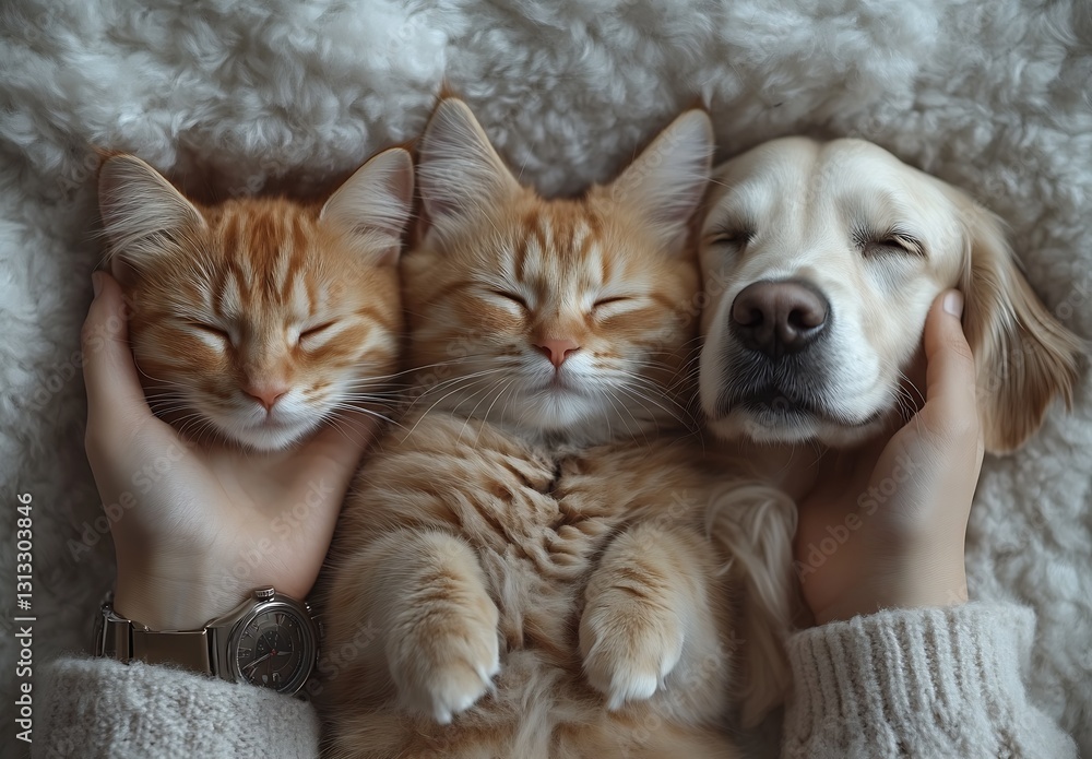 Poster a cozy moment shared by three adorable pets cuddling and enjoying a peaceful nap together in a soft 