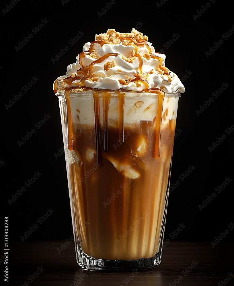 Poster refreshing caramel macchiato drizzled with caramel and topped with whipped cream for a luxurious cof