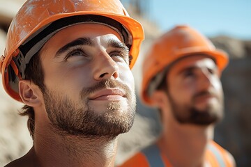 Construction Workers Looking Up At Construction Site