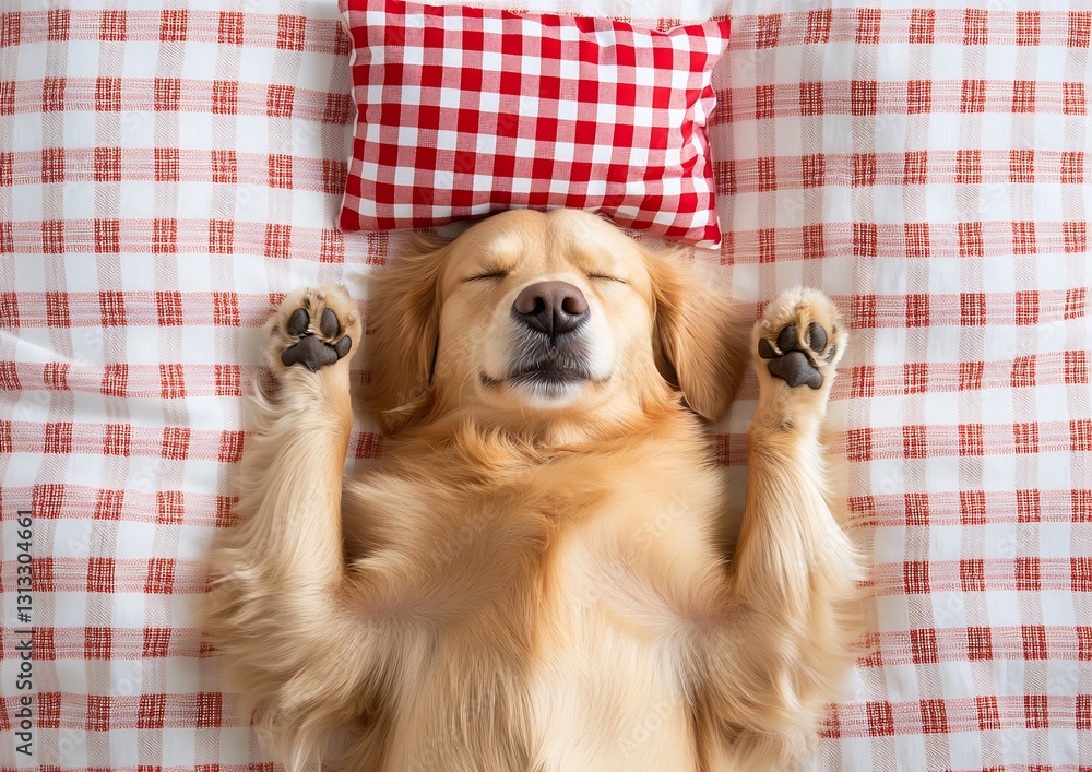 Poster adorable golden retriever dog enjoying a cozy nap on a soft red checkered pillow : generative ai