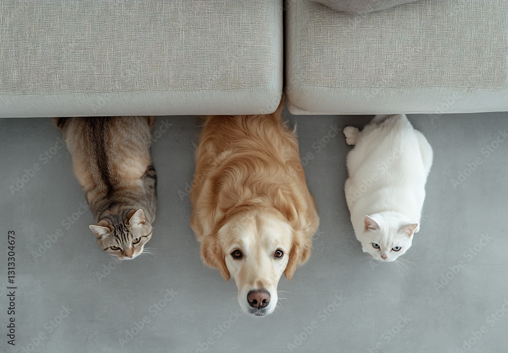Aufkleber Charming overhead view of a golden retriever resting with two cats under a couch : Generative AI