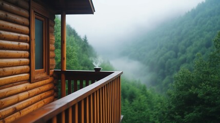 Fototapeta premium Enjoying a Cozy Morning Coffee on a Scenic Wooden Balcony in Nature