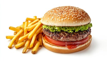 Savory hamburger with sesame seed bun served with crispy golden french fries for a complete meal : Generative AI