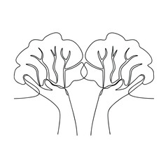 One Line Drawing Two Trees Held by Hands, Natures Embrace