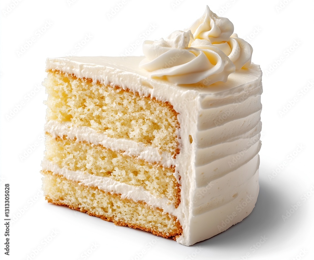 Poster classic creamy vanilla cake slice with smooth frosting and chocolate garnish : generative ai