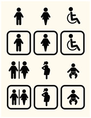 WC icons set. Toilet sign. Man, woman, mother with baby and handicapped silhouettes collection. Male and female restroom.