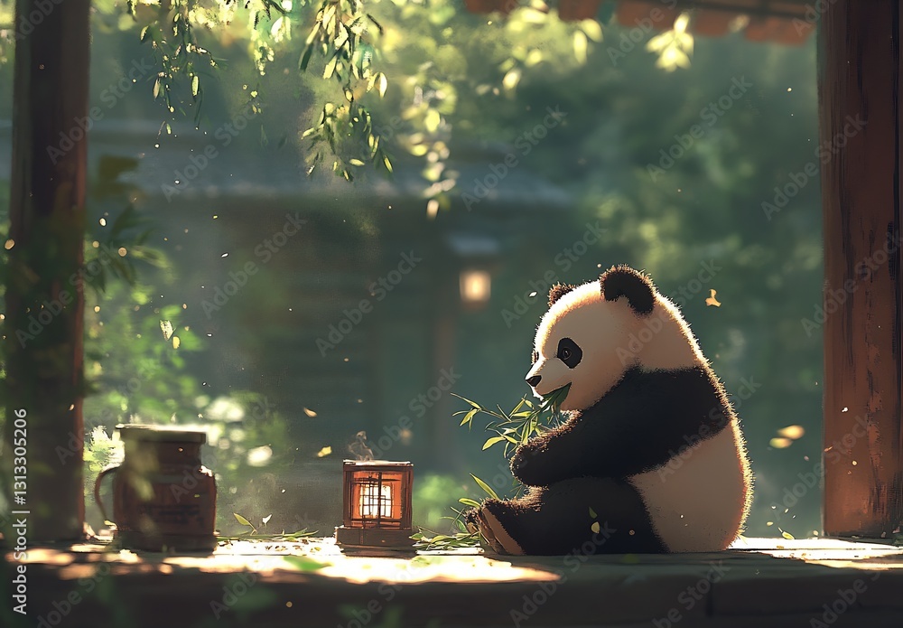 Poster charming panda enjoying bamboo in serene sunlight filled forest with rustic decor elements : generat