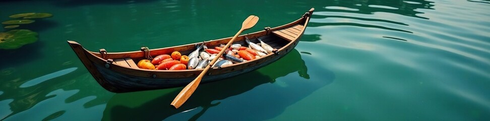 Obraz premium Small wooden rowboat laden with a variety of colorful fish, tranquil water , gills, fishing, rustic