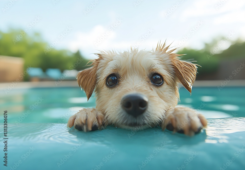 Poster Endearing Small Dog with a Wet Coat Peeking Over the Edge of a Pool Capturing Playtime Joy : Generative AI