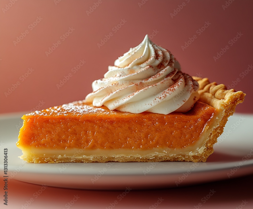 Poster scrumptious pumpkin pie slice side view with whipped cream and a vibrant crust : generative ai