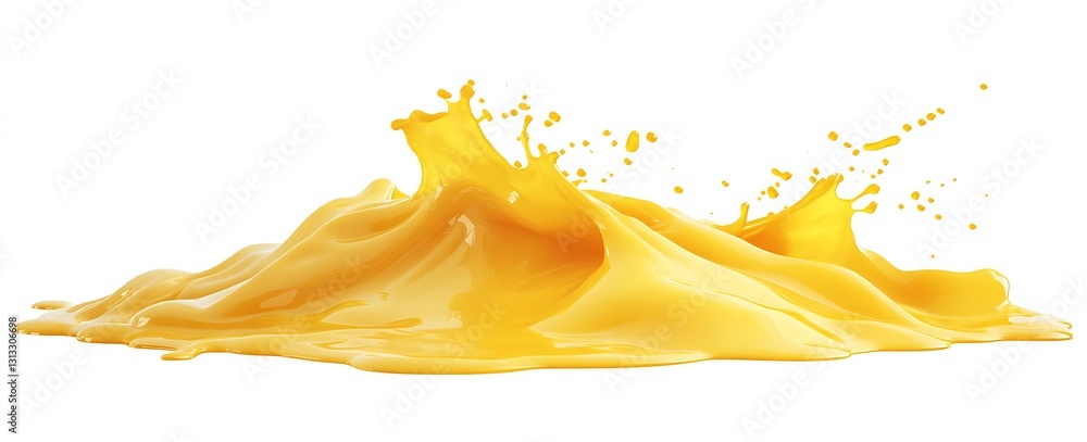 Poster vibrant yellow paint splash creating dynamic texture against a pure white background : generative ai