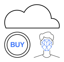Cloud element connects to a face with a geometric recognition grid and a Buy button. Ideal for security, AI, e-commerce, innovation, biometrics, future technology, digital transformation. Flat simple