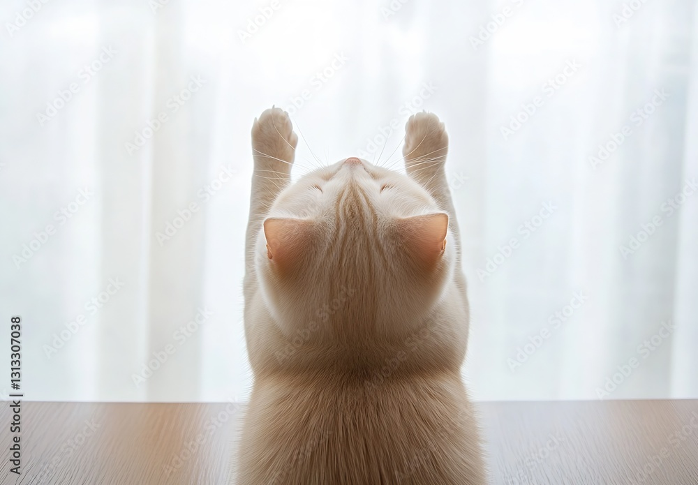 Poster Cute white cat stretching its paws towards a bright window with sheer curtains in a modern home setting : Generative AI