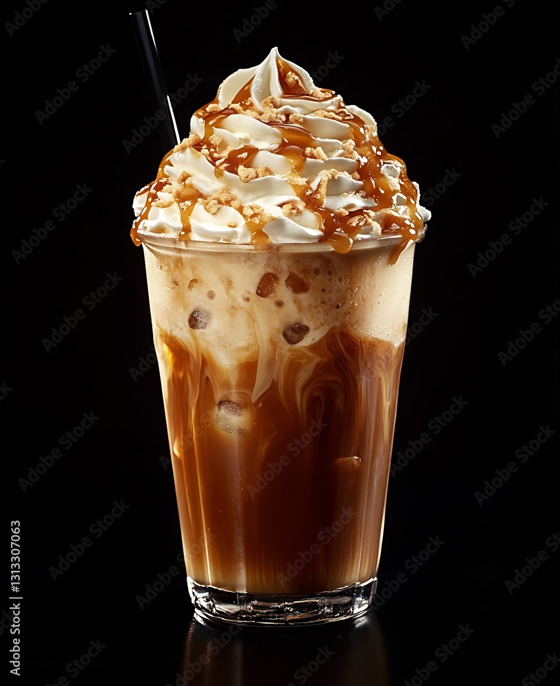 Poster creamy caramel iced coffee with whipped cream and drizzle on a dark background : generative ai