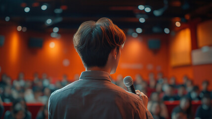 Obraz premium Speaker addressing audience at a conference, focused and professional, with blurred background.