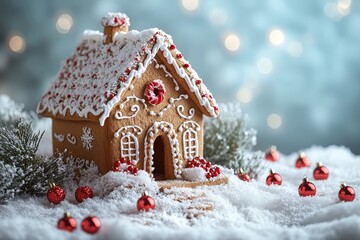 Festive gingerbread house in snowy setting with red Christmas decorations and bokeh light blue background. Cozy winter holiday concept.