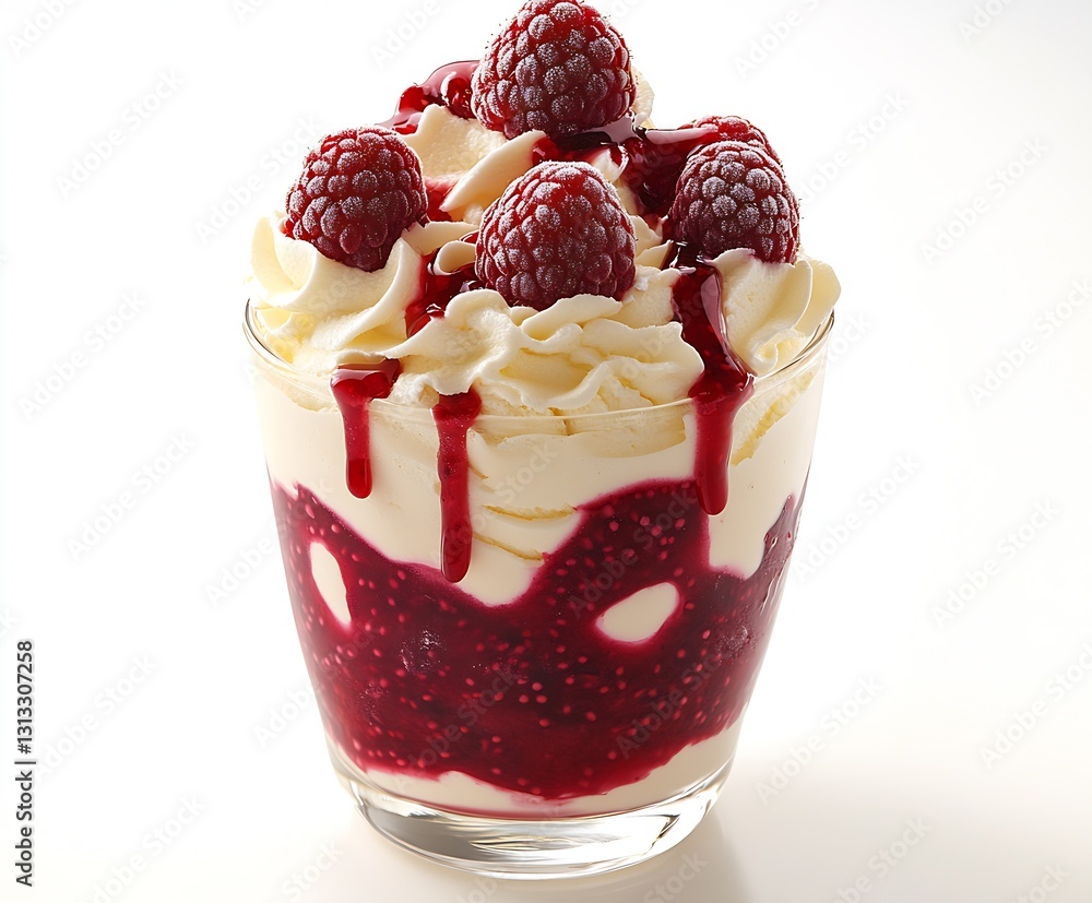 Poster Rich raspberry parfait topped with whipped cream and raspberry sauce in a clear cup : Generative AI