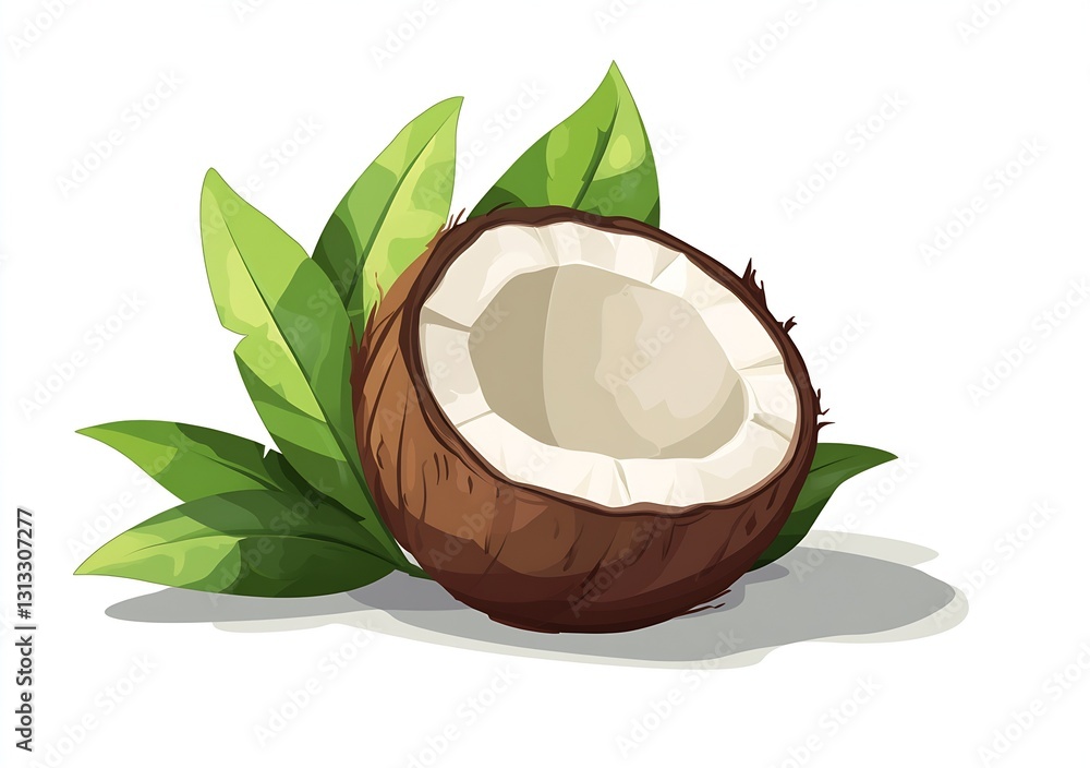 Aufkleber whole coconut with opened shell and surrounding green leaves on white surface : generative ai