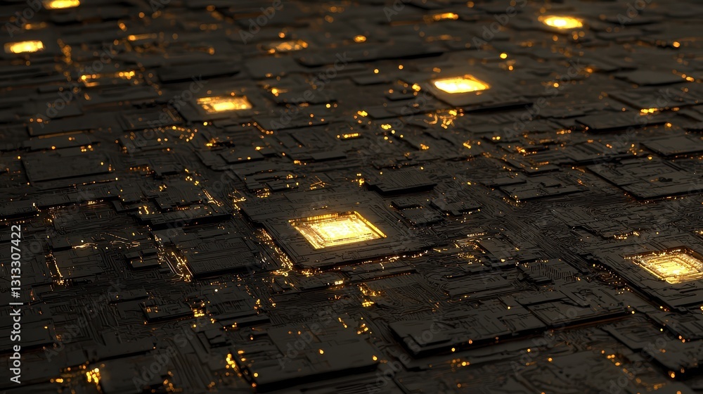 Poster dark circuit board with glowing chips and unique texture patterns