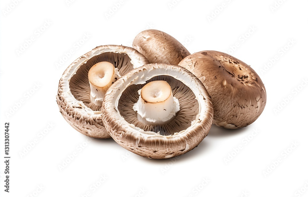 Poster three halved brown portobello mushrooms displayed showing their rich texture and gills perfect for g