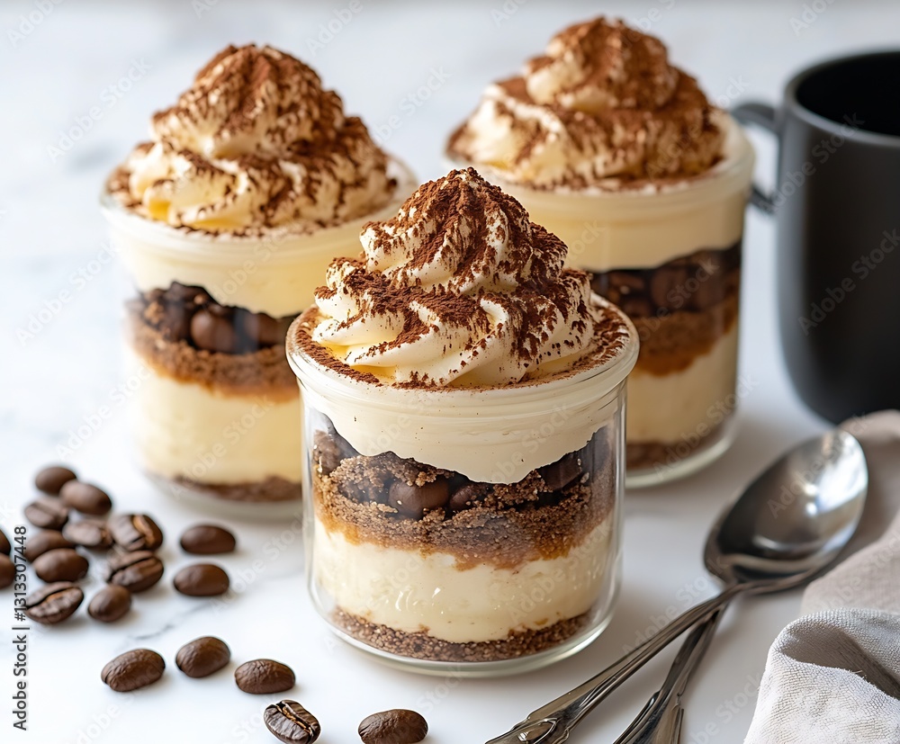 Poster delicious layered dessert cups with creamy mascarpone and cocoa topped with whipped cream on a marbl
