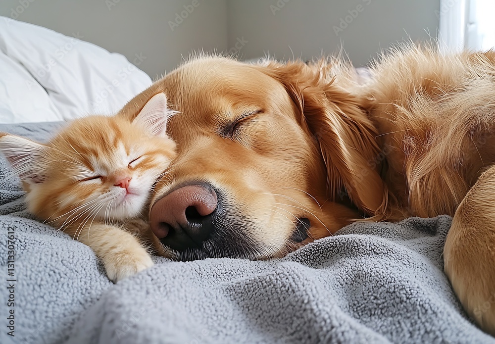 Poster cute golden retriever cuddling with an orange kitten on a soft bed creating a heartwarming scene : g