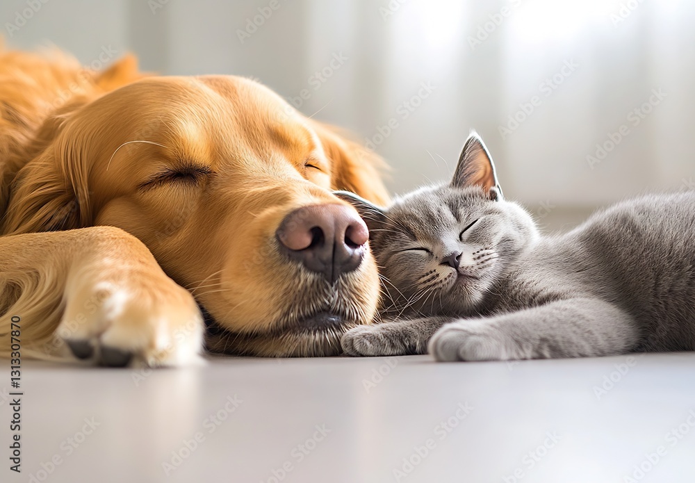 Poster joyful golden retriever and gray kitten sleeping side by side in a cozy home environment : generativ