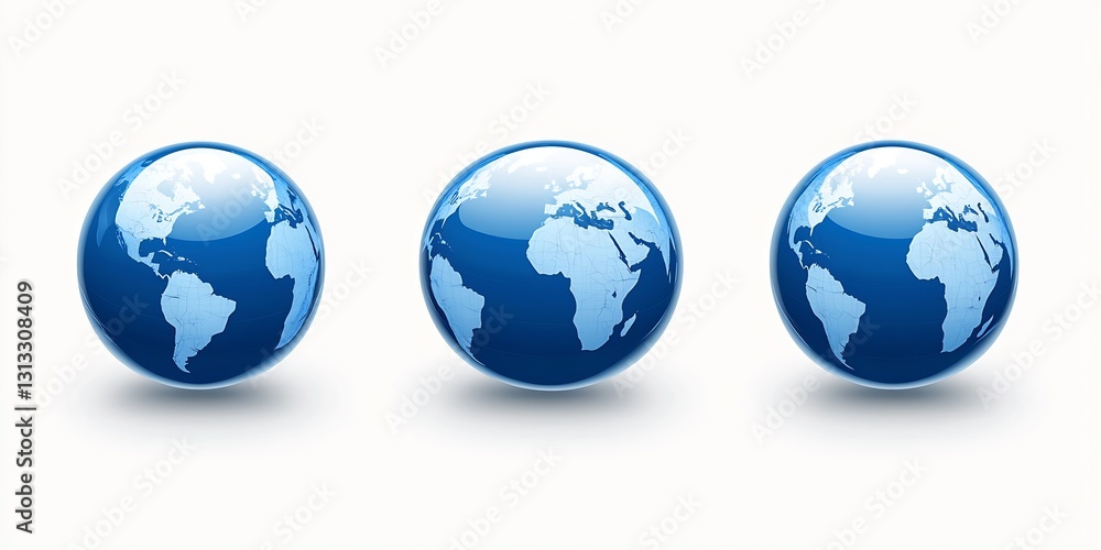 Poster three globe illustrations with blue oceans and white continents showcased on a bright backdrop empha