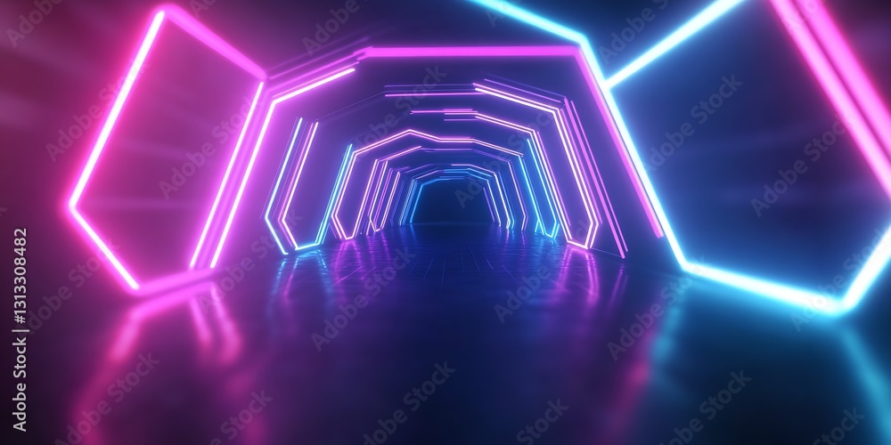 Aufkleber Vibrant neon tunnel with pink and blue lighting reflecting on glossy surfaces creating an immersive experience : Generative AI