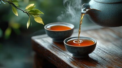 Steam drifts softly as a teapot releases warm, golden tea into cups, embodying mindfulness and attention to detail.
