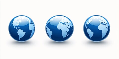 Three globe illustrations with blue oceans and white continents showcased on a bright backdrop emphasizing world geography : Generative AI