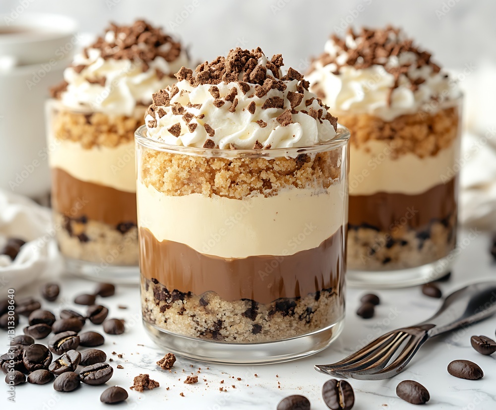 Poster decadent chocolate mousse dessert layered with cream and crunchy toppings in elegant glass serving :