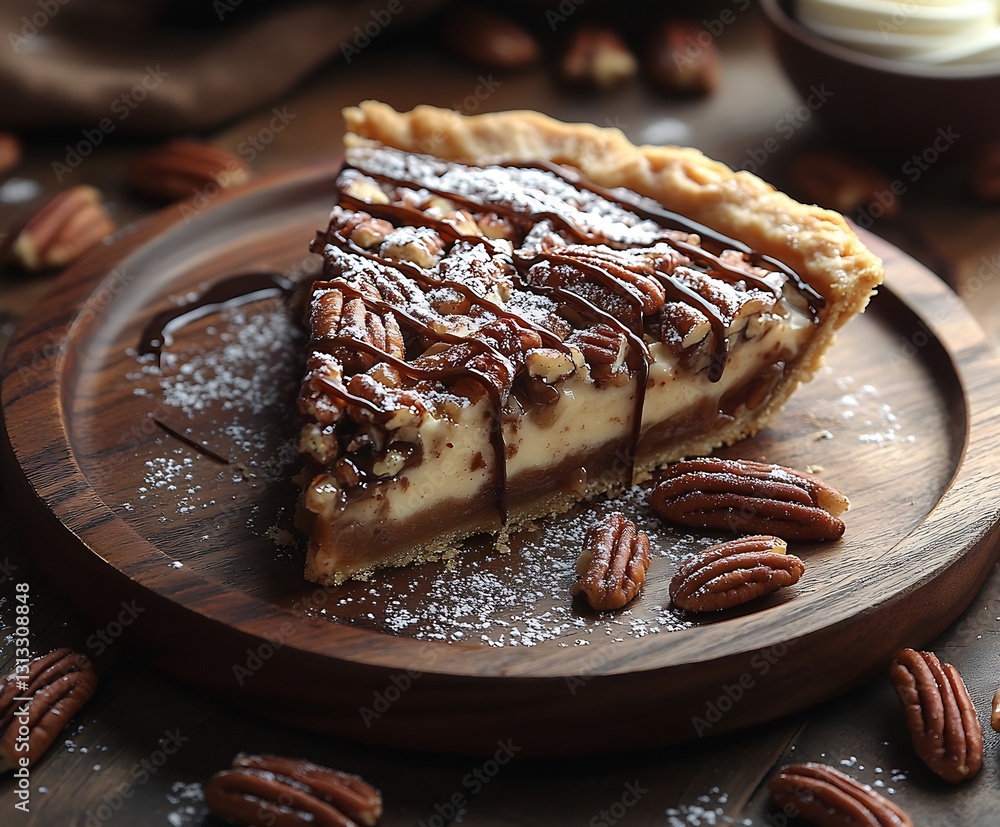 Poster indulgent pecan pie slice drizzled with chocolate served on a rustic wooden plate with pecans : gene