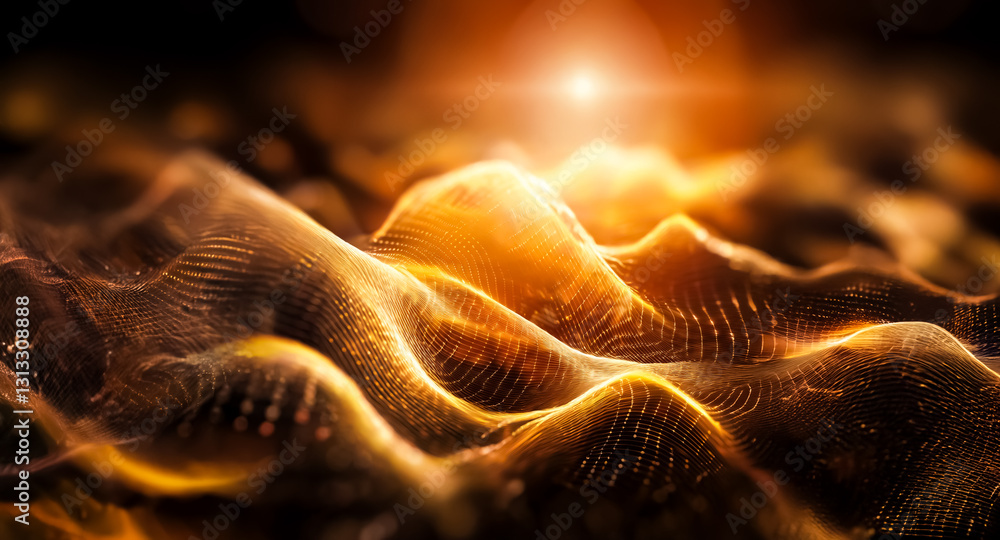 Poster abstract background with golden wavy lines forms a landscape under a bright light. digital and futur