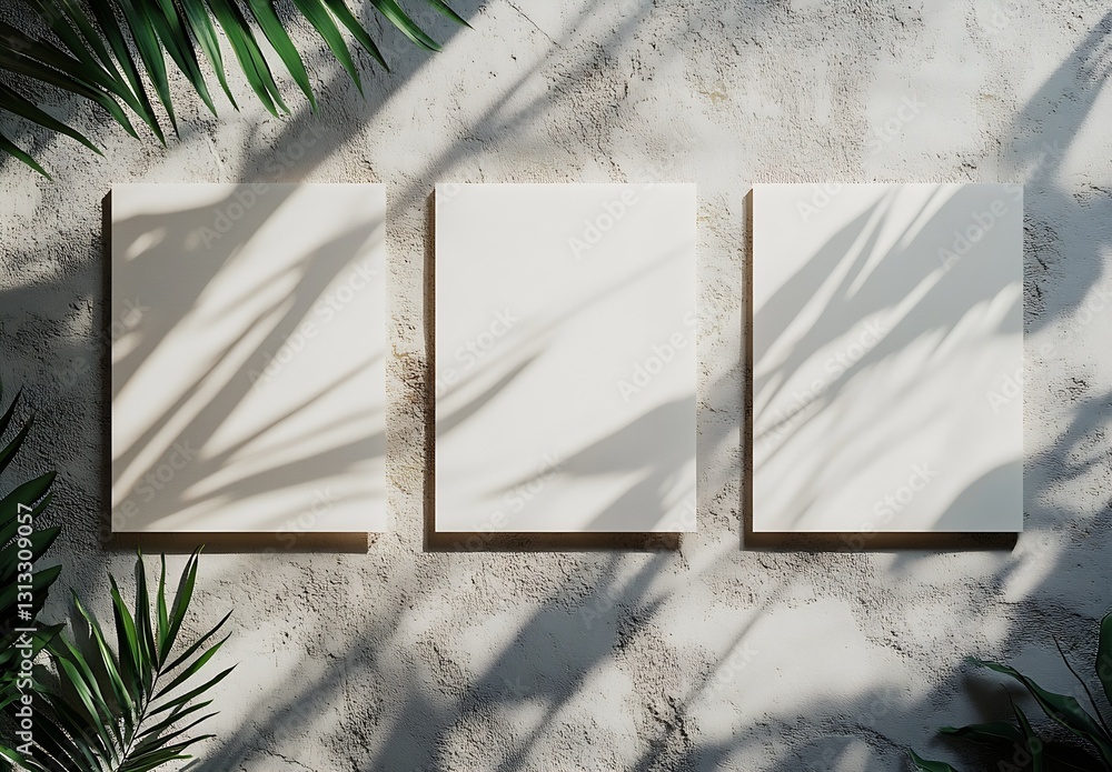Poster Three empty canvases arranged on a textured wall illuminated by soft shadows and surrounded by green foliage : Generative AI