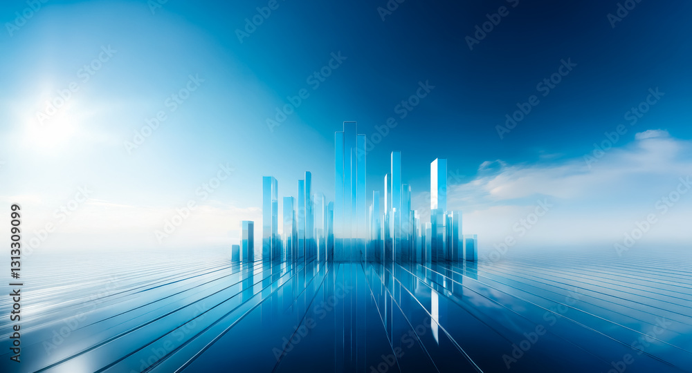 Aufkleber Abstract background featuring blue hues and geometric shapes suggesting a futuristic skyline.  The image evokes a sense of modern technology and ethereal calmness.