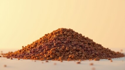 Pile of mulch, A minimalist pile of mulch in soft golden light against an ivory backdrop. Brown tones focus on texture.