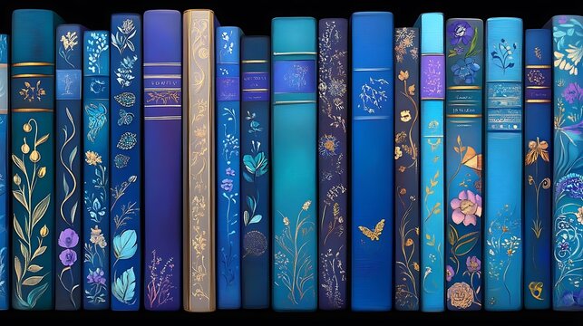 Digital Painting of a Book Collection: Blue Floral Book Spines AI Generated