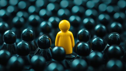 Yellow figure standing out from a crowd of black figures symbolizing individuality uniqueness leadership and standing apart from the masses in a concept of distinction