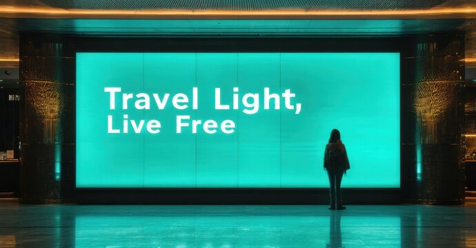 Naklejki Massive illuminated billboard travel light live free sleek silver deep jade standing inside luxury lounge panoramic views